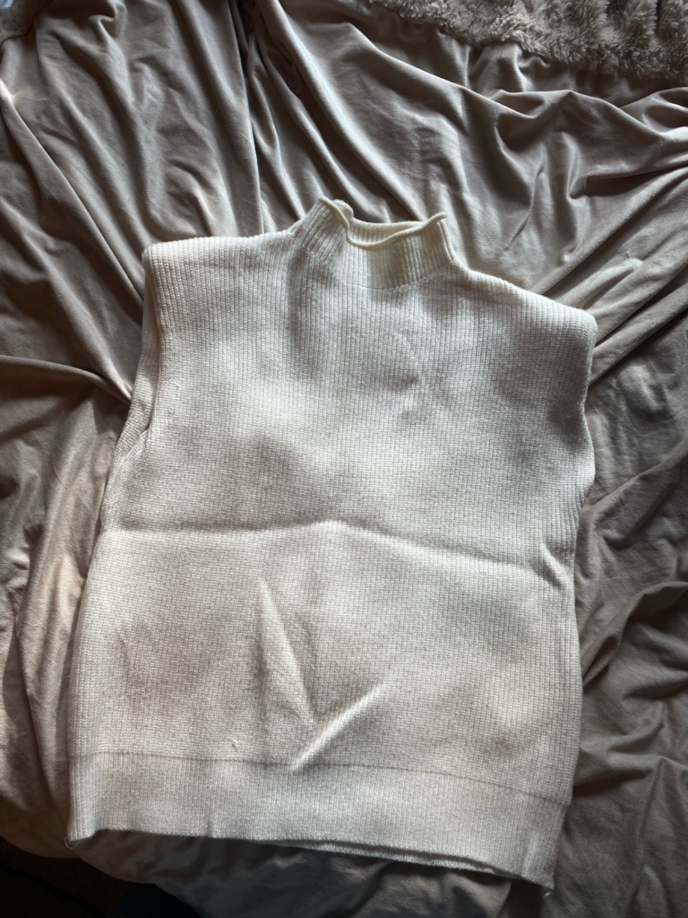 Cream Knit Sleeveless Mock Neck Sweater Vest